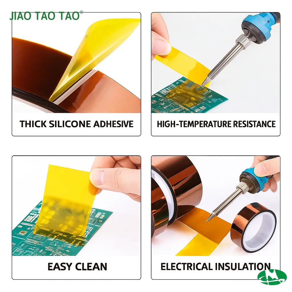 Kapton-style polyimide heat tape for 3D printer platforms, PCB masking, and industrial electronic insulation.